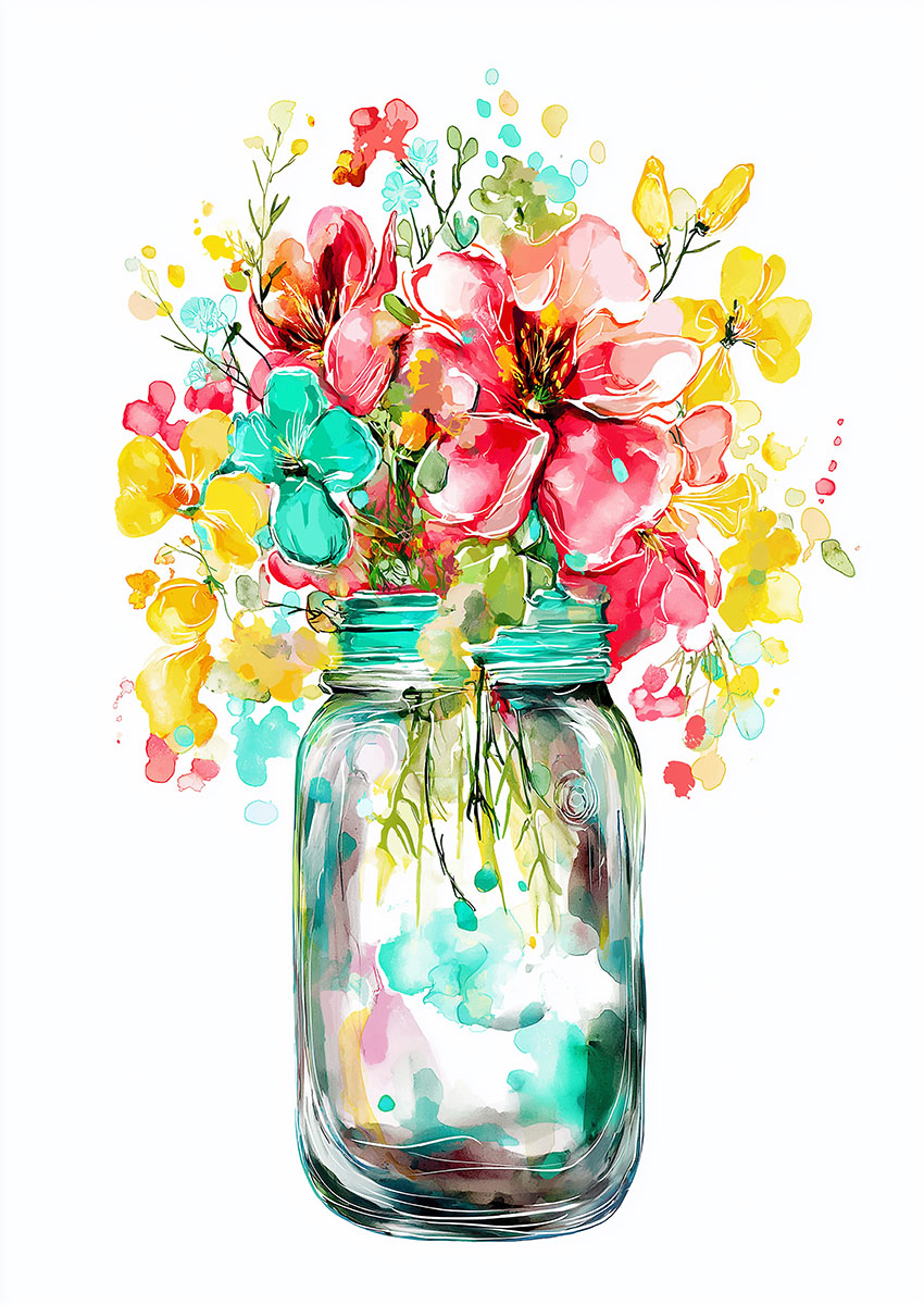 Vibrant artwork of a floral arrangement in a jar with bright colours and detailed flowers.
